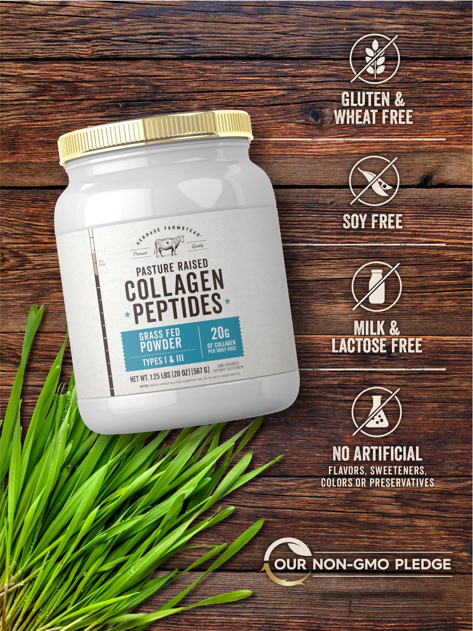 Gluten-free, non-GMO, dairy-free, and soy-free collagen icons