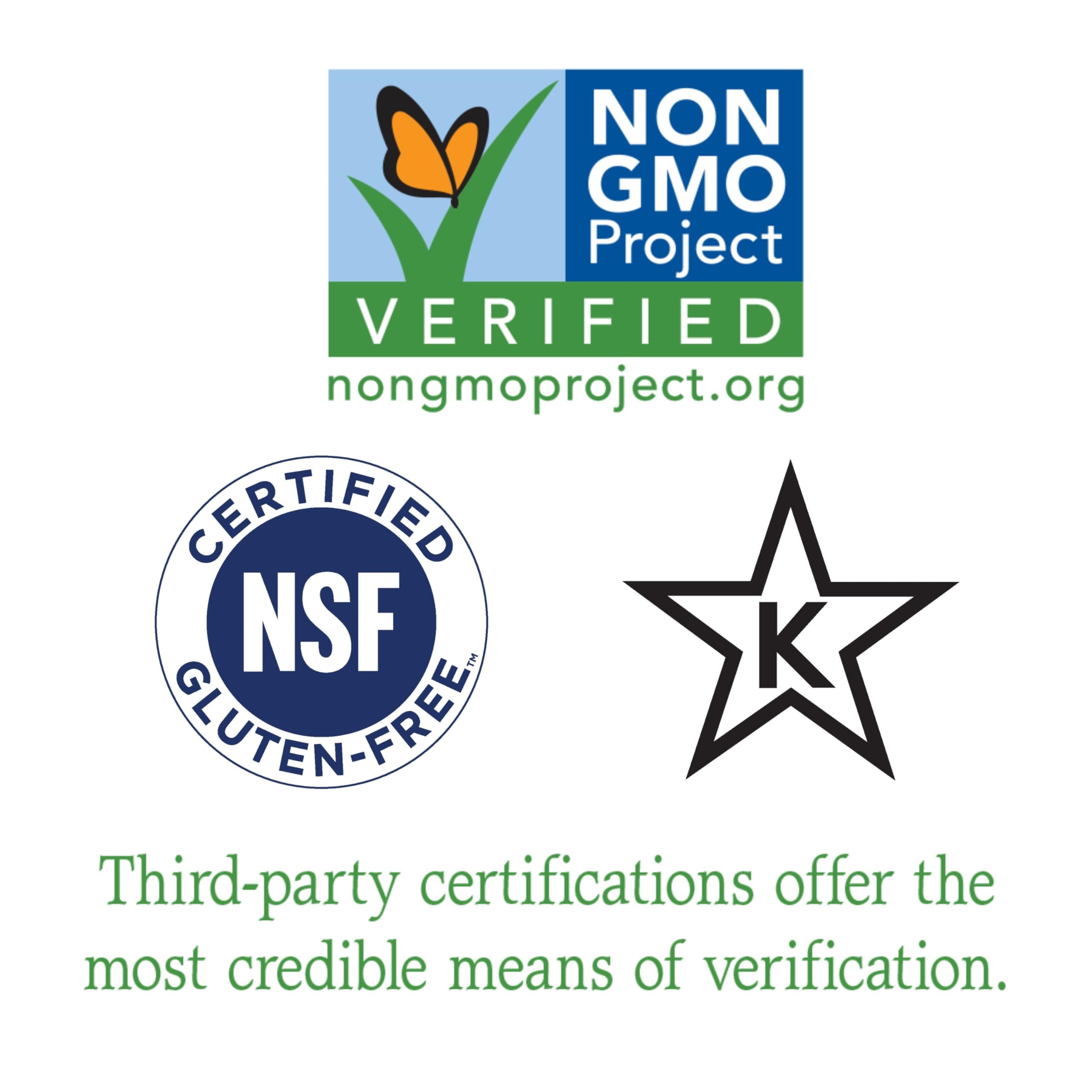 Gluten-free, Non-GMO Project Verified, Kosher certified logo