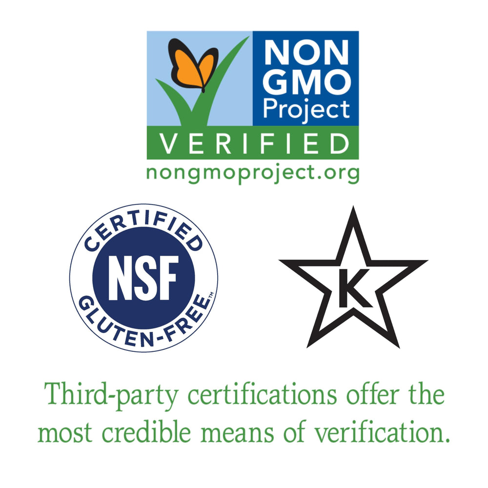 Gluten-free, Non-GMO Project Verified, Kosher certified logo