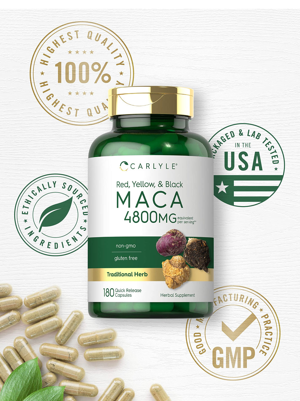 Gluten-free and Non-GMO label on Maca supplement