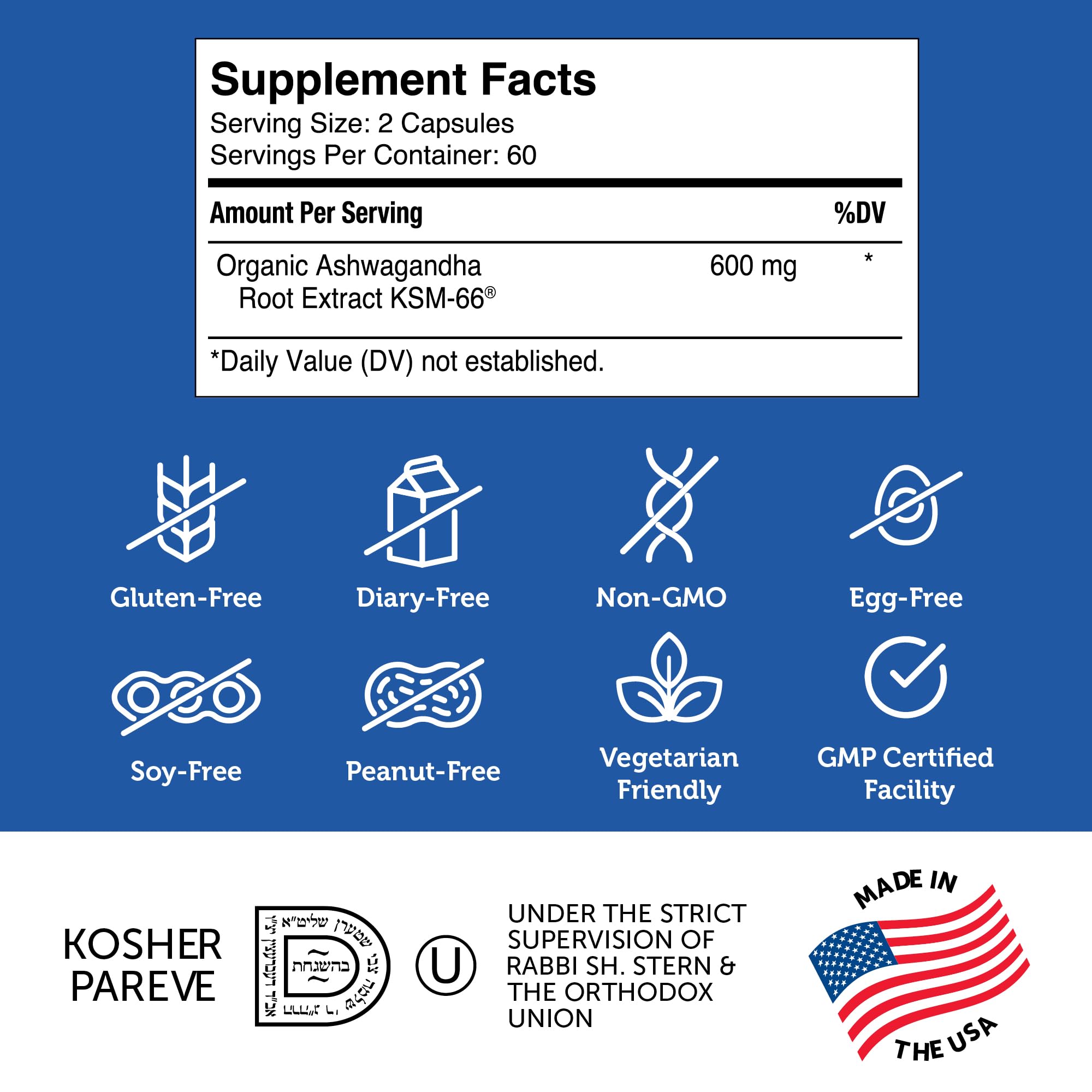 Label indicating gluten free soy free and dairy free Ashwagandha capsules