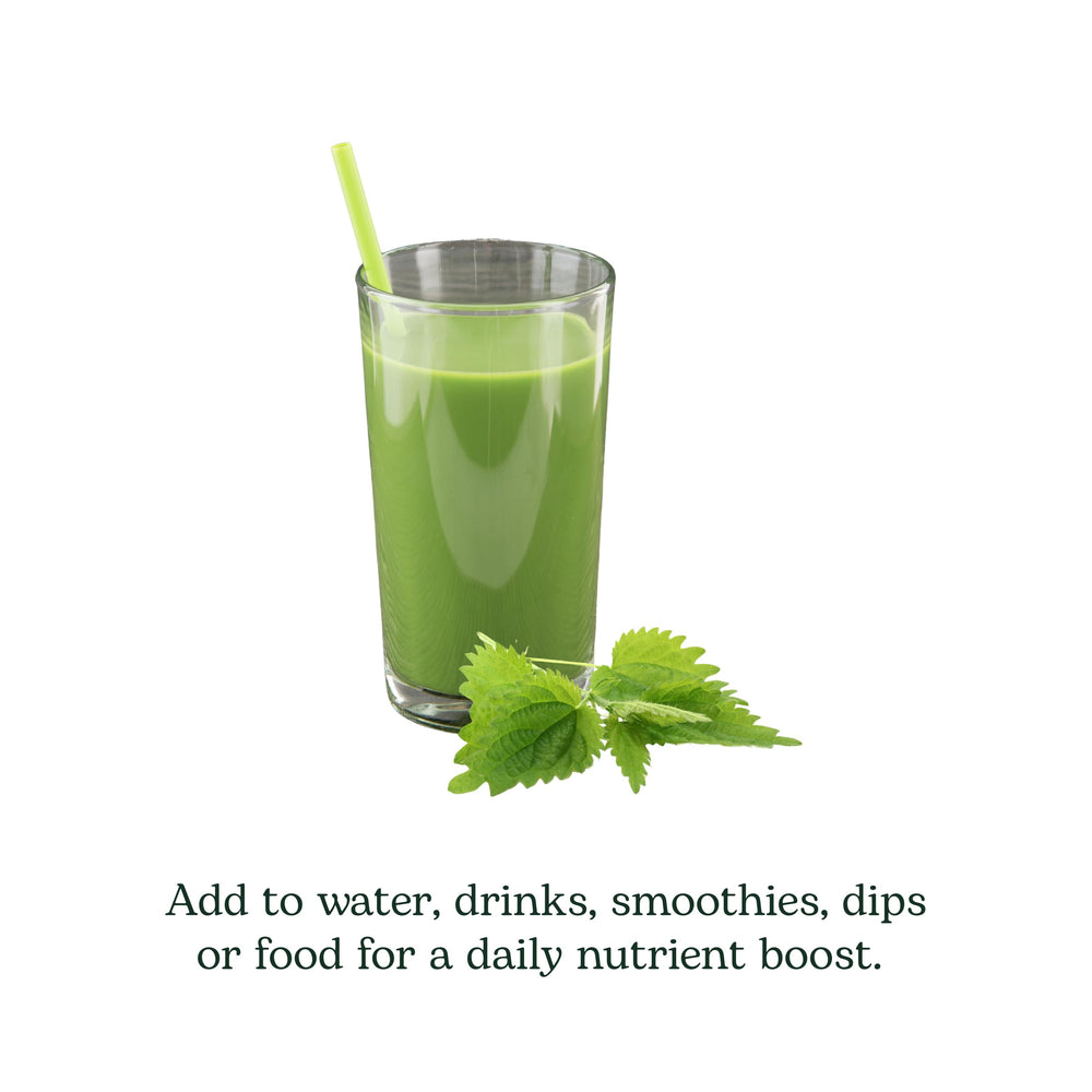 Gluten-free, soy-free, dairy-free nettle leaf powder packaging.