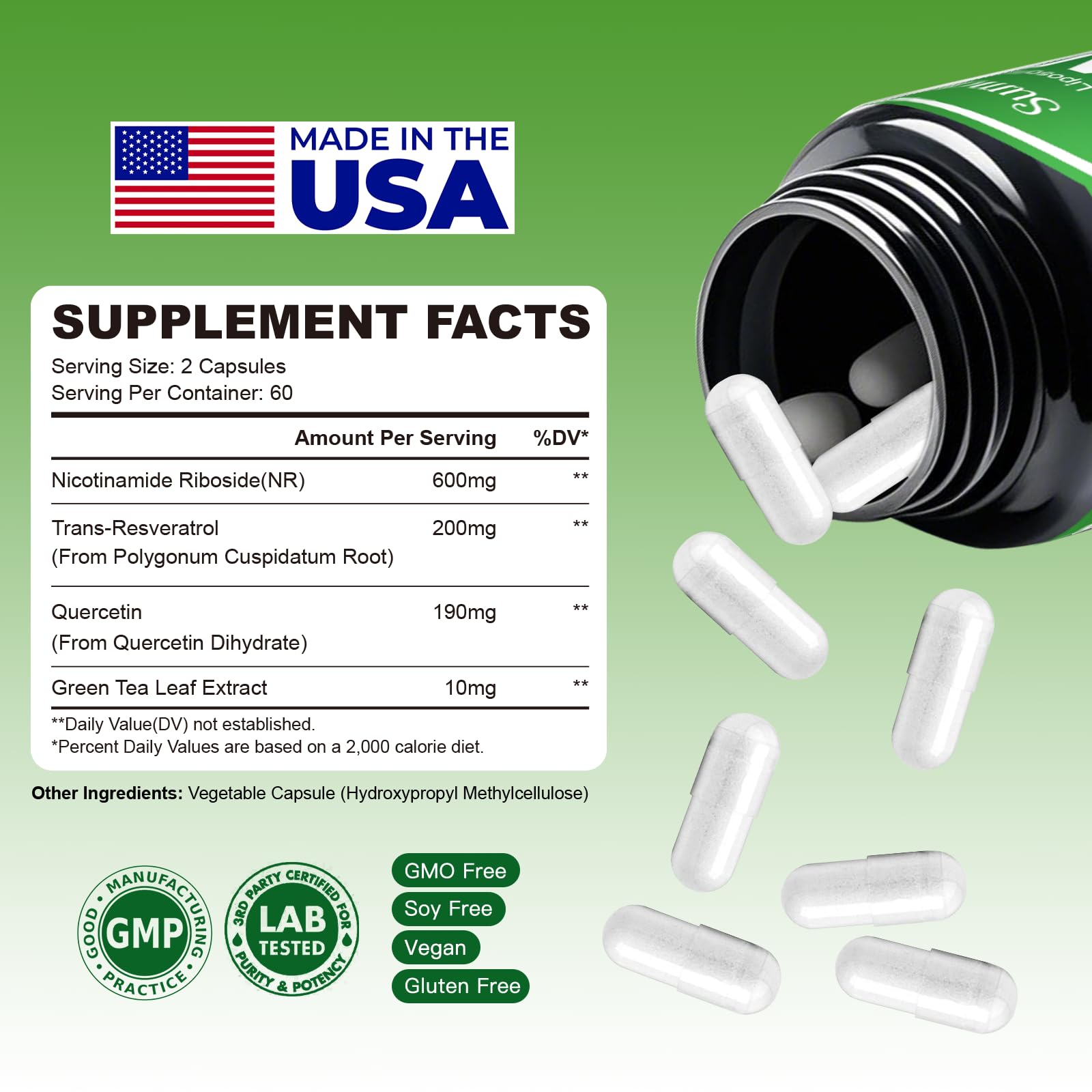 Packaging image highlighting gluten-free, vegetarian, non-GMO NAD supplement