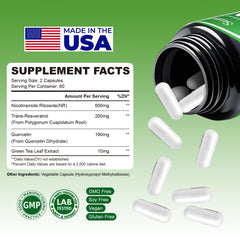 Packaging image highlighting gluten-free, vegetarian, non-GMO NAD supplement