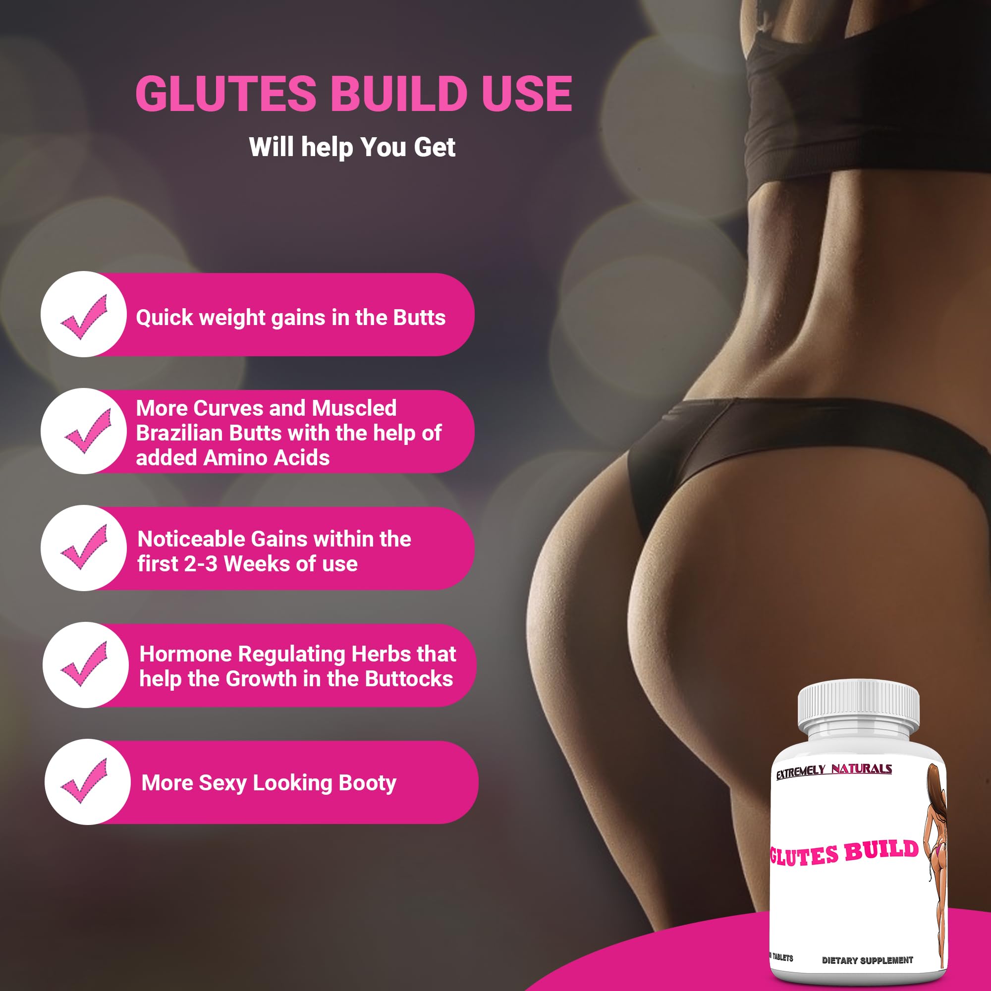Glutes Build tablets close-up emphasizing herbal formula for butt enhancement