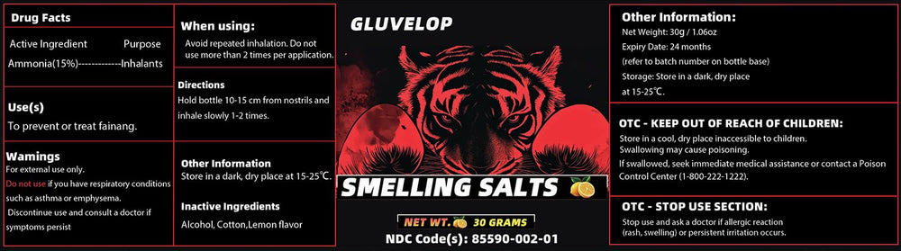 Gluvelop Smelling Salts packaging and product layout