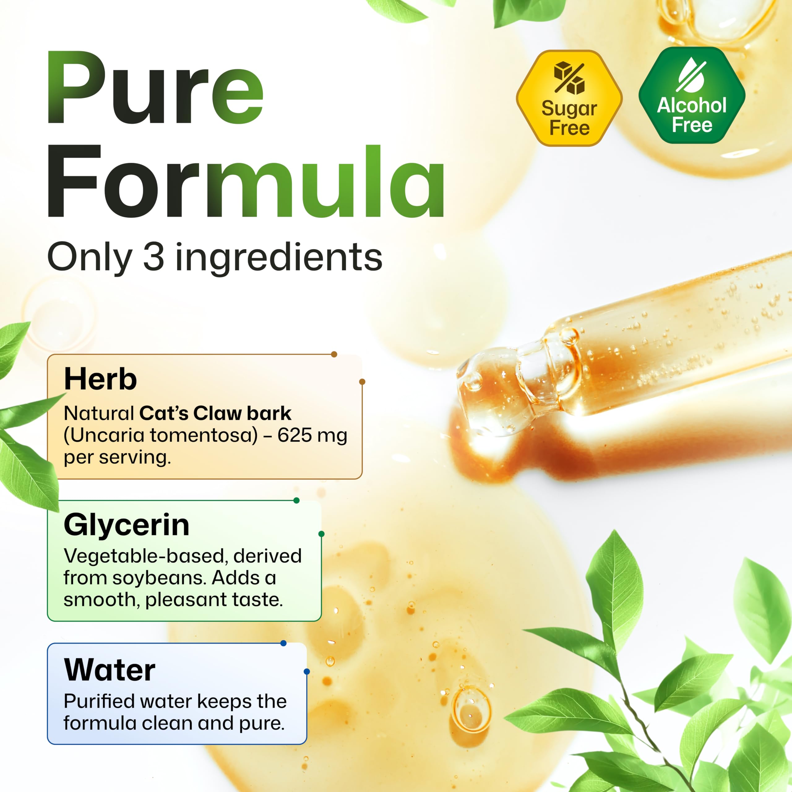 Glycerin-based cats claw tincture ingredients in dropper