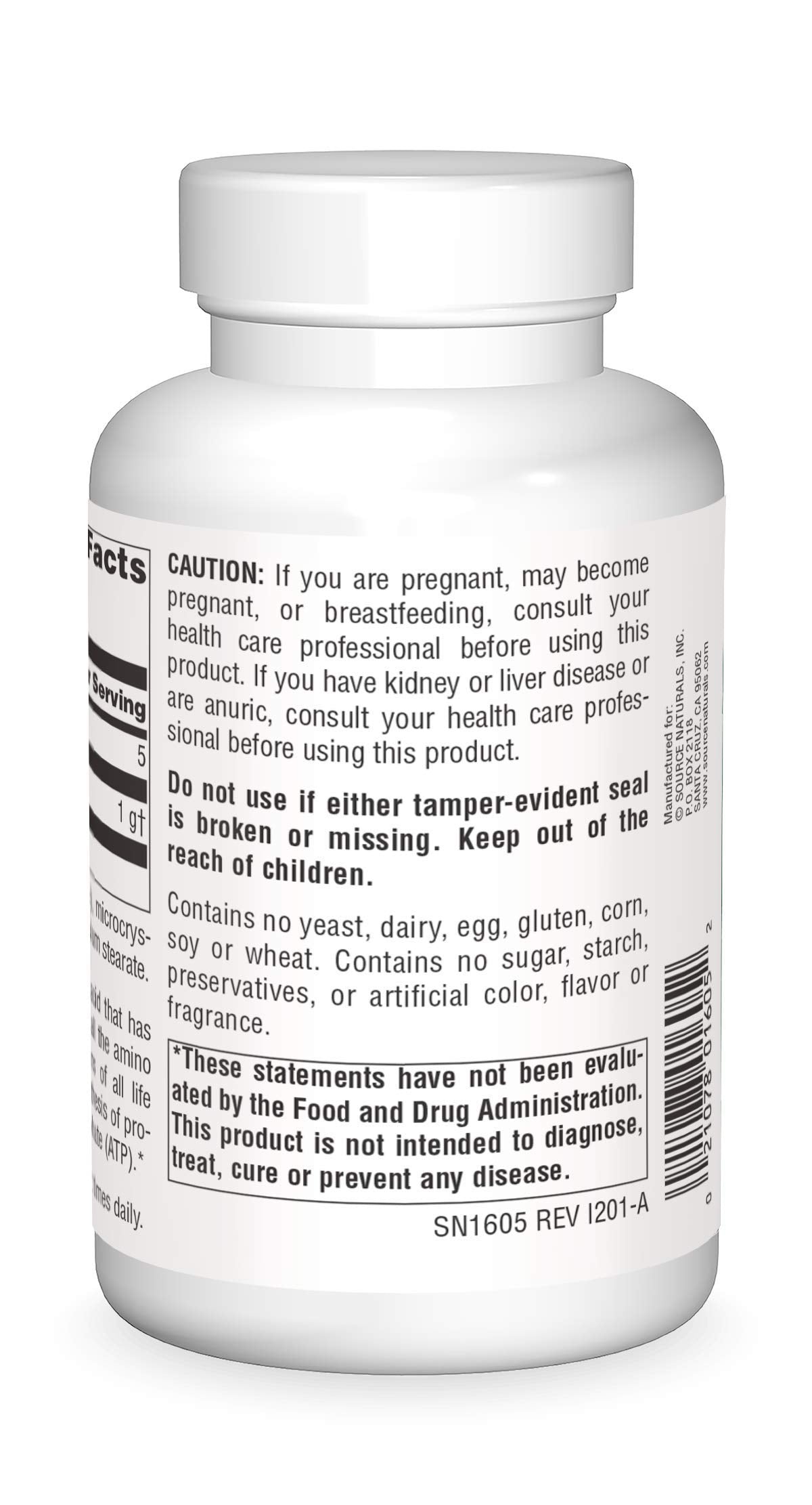 Back view of Glycine 500 mg bottle showing supplement facts