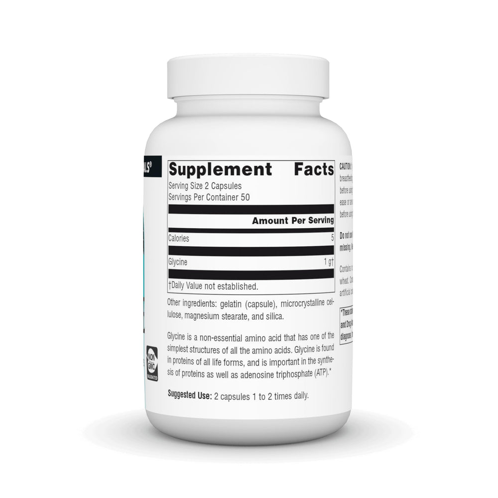 Close-up of Glycine 500 mg capsules label