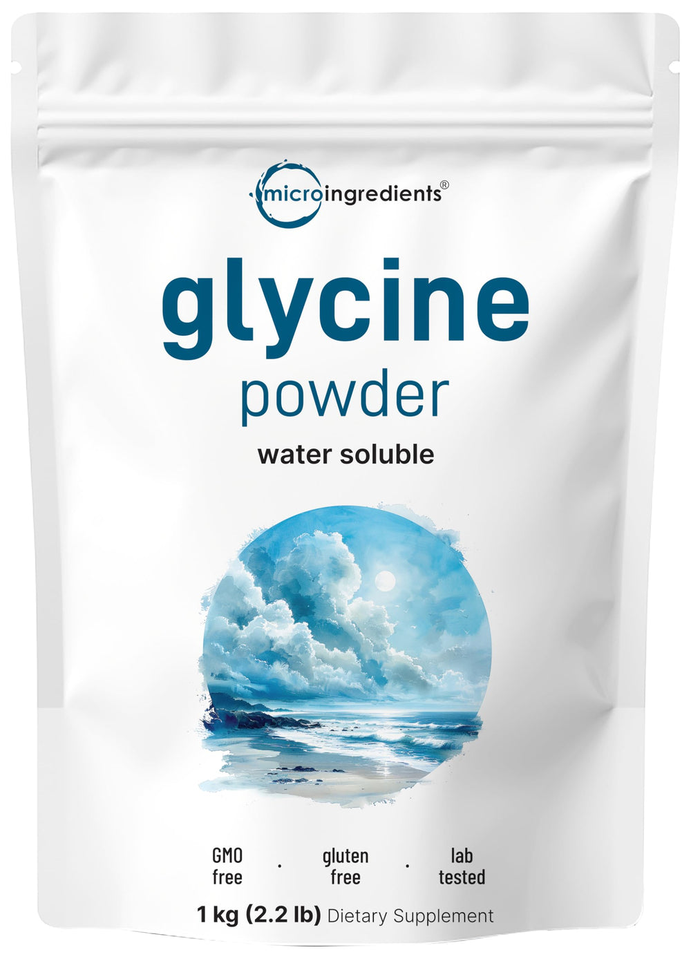 Front view of Micro Ingredients Glycine Powder 1kg tub