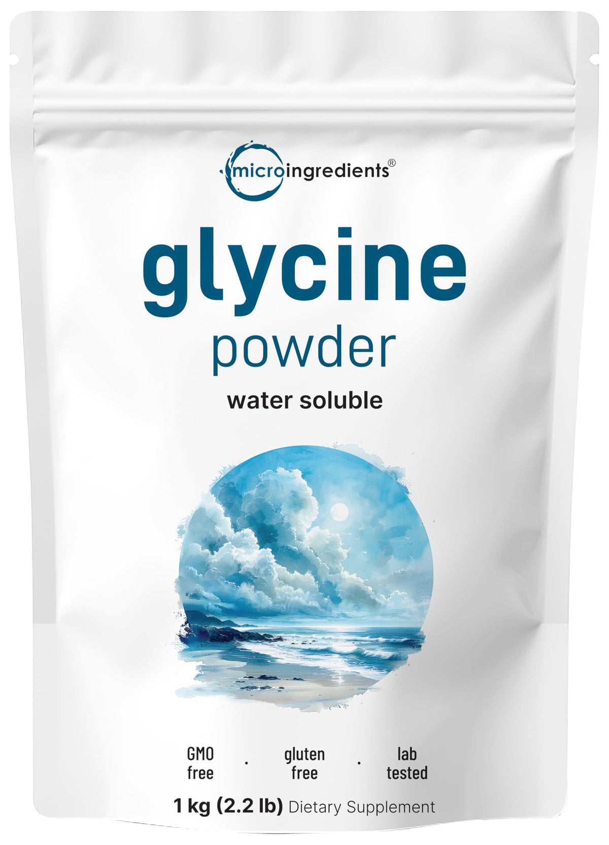 Front view of Micro Ingredients Glycine Powder 1kg tub