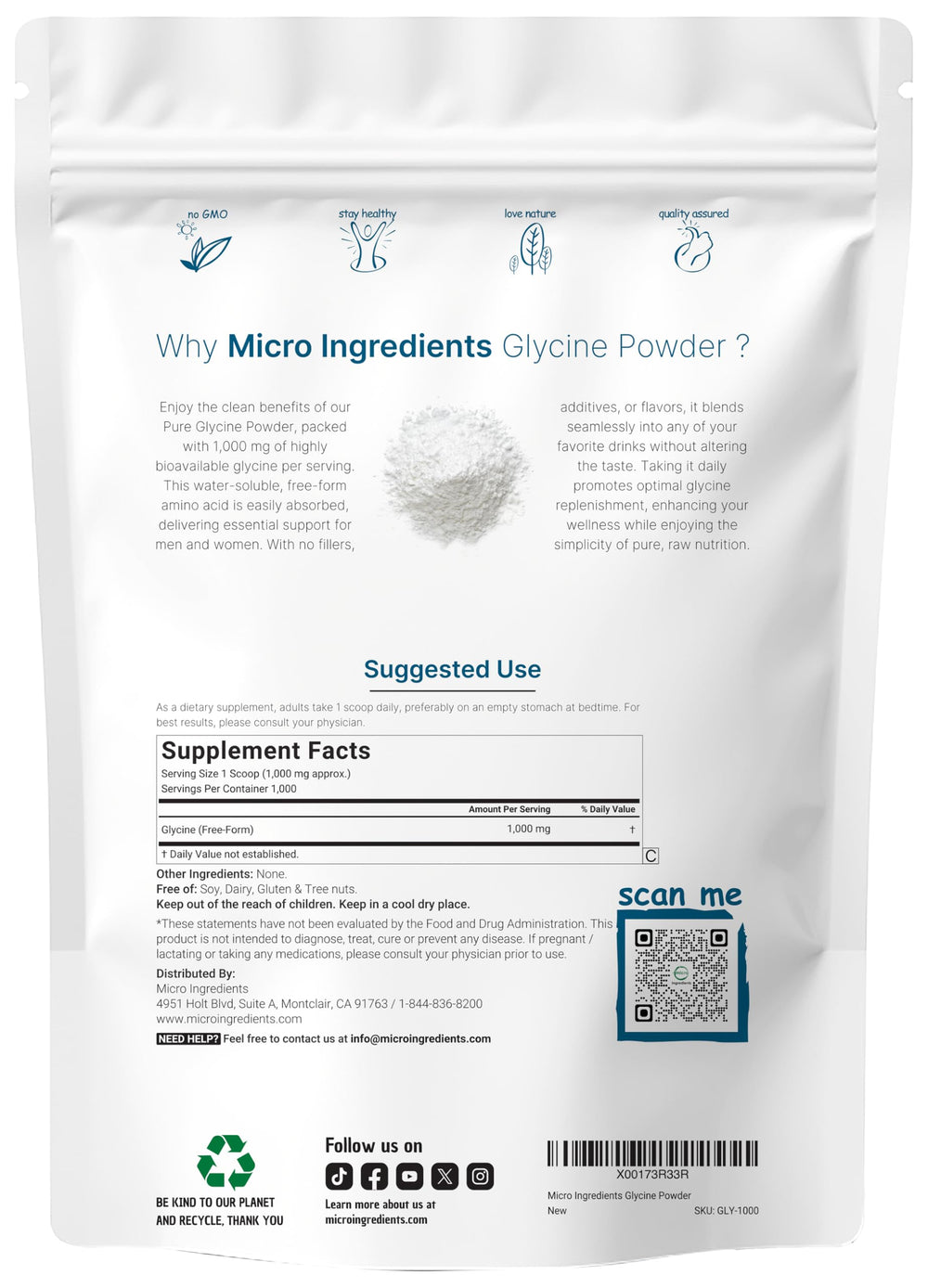Side view of Glycine powder 1kg tub