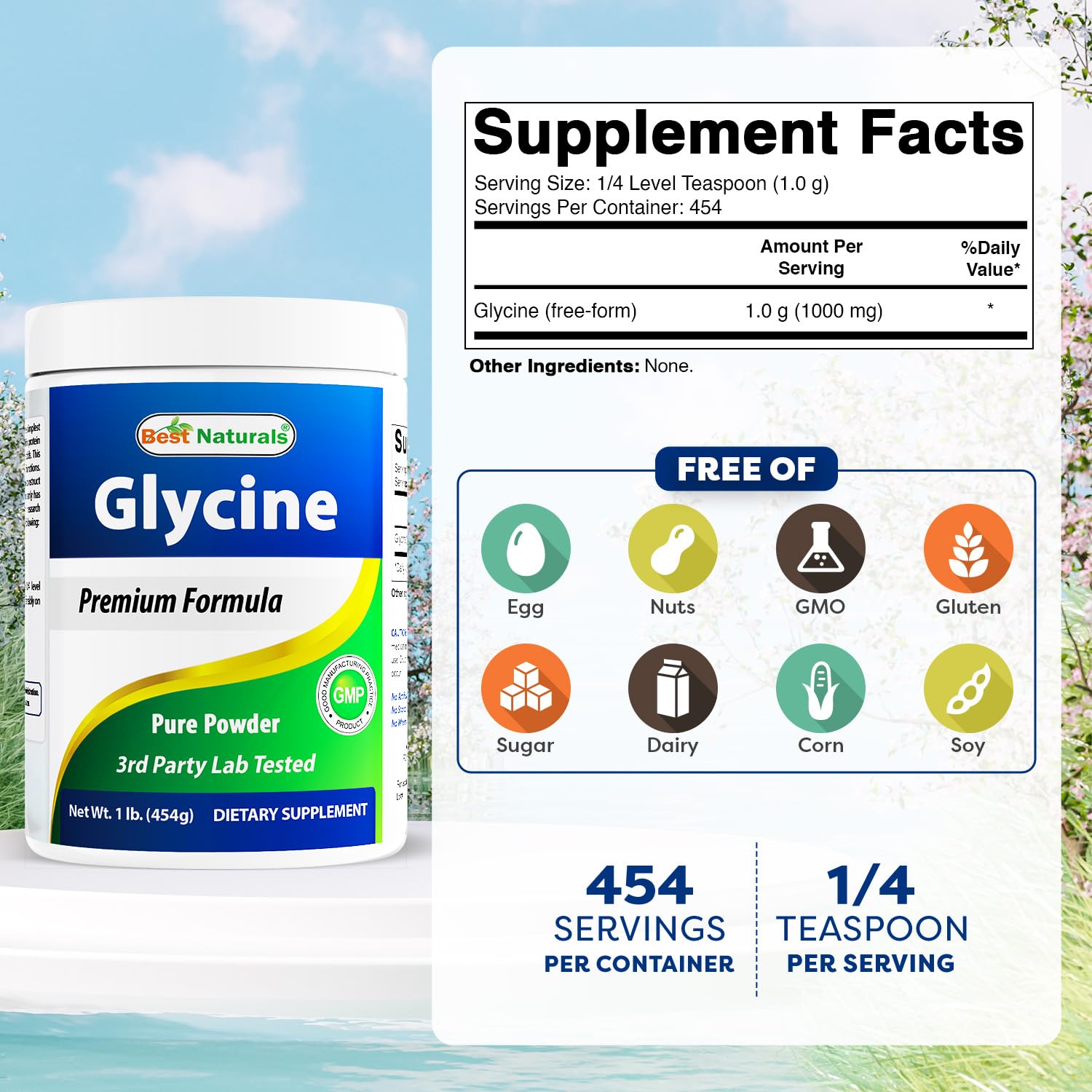 Glycine Powder 1 LB label showing 1000 mg per serving