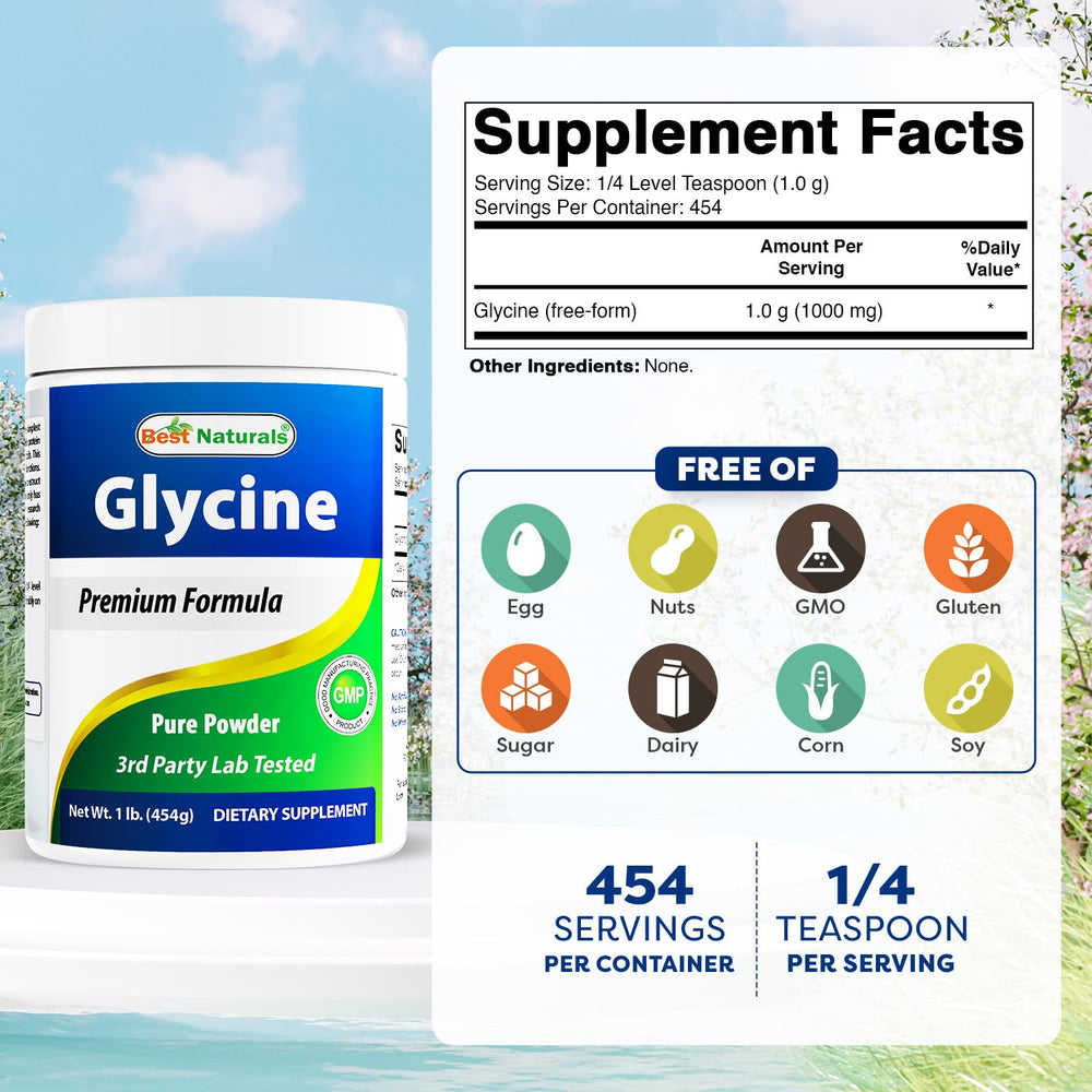 Glycine Powder 1 LB label showing 1000 mg per serving