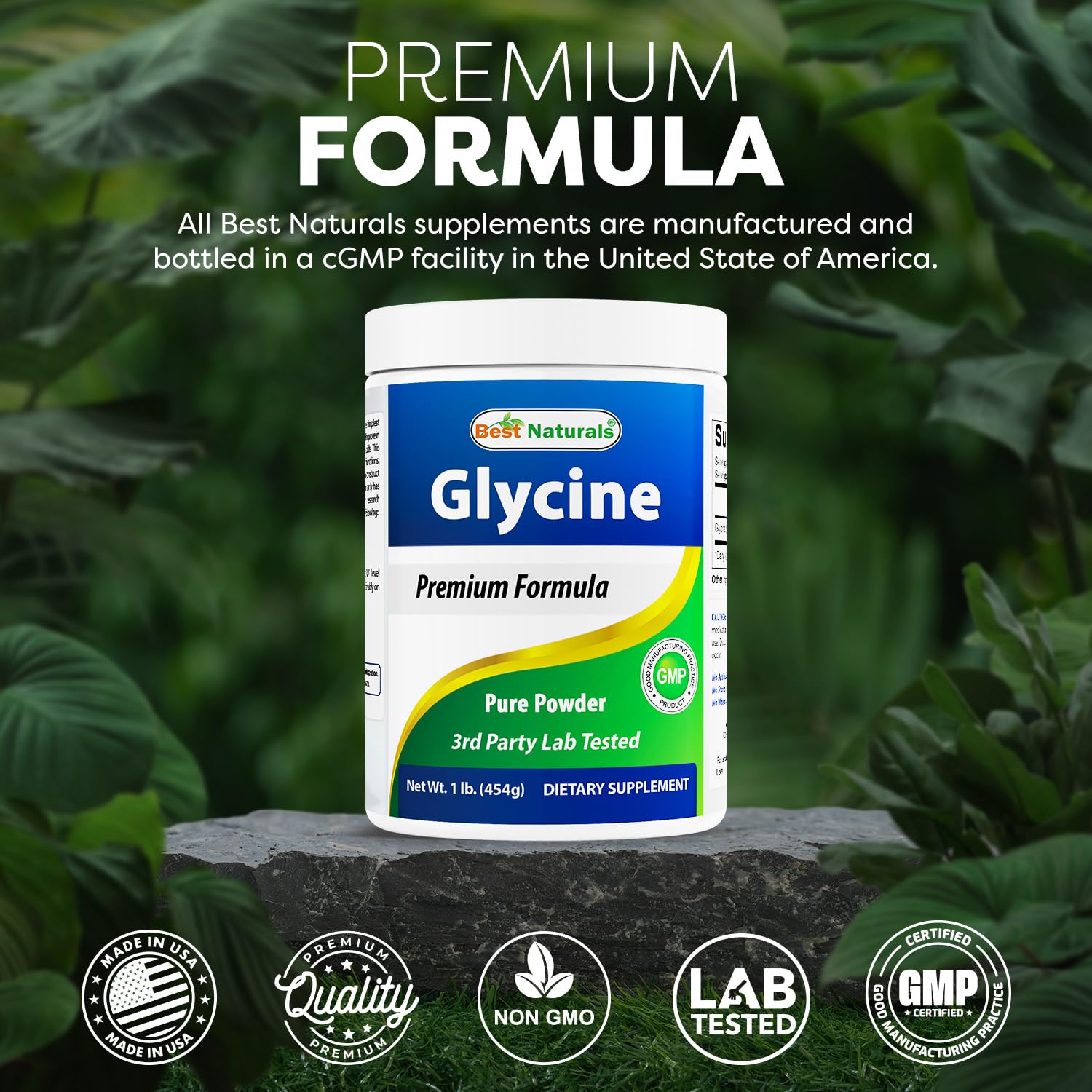 USA GMP compliant facility badge for Best Naturals Glycine Powder 1 LB