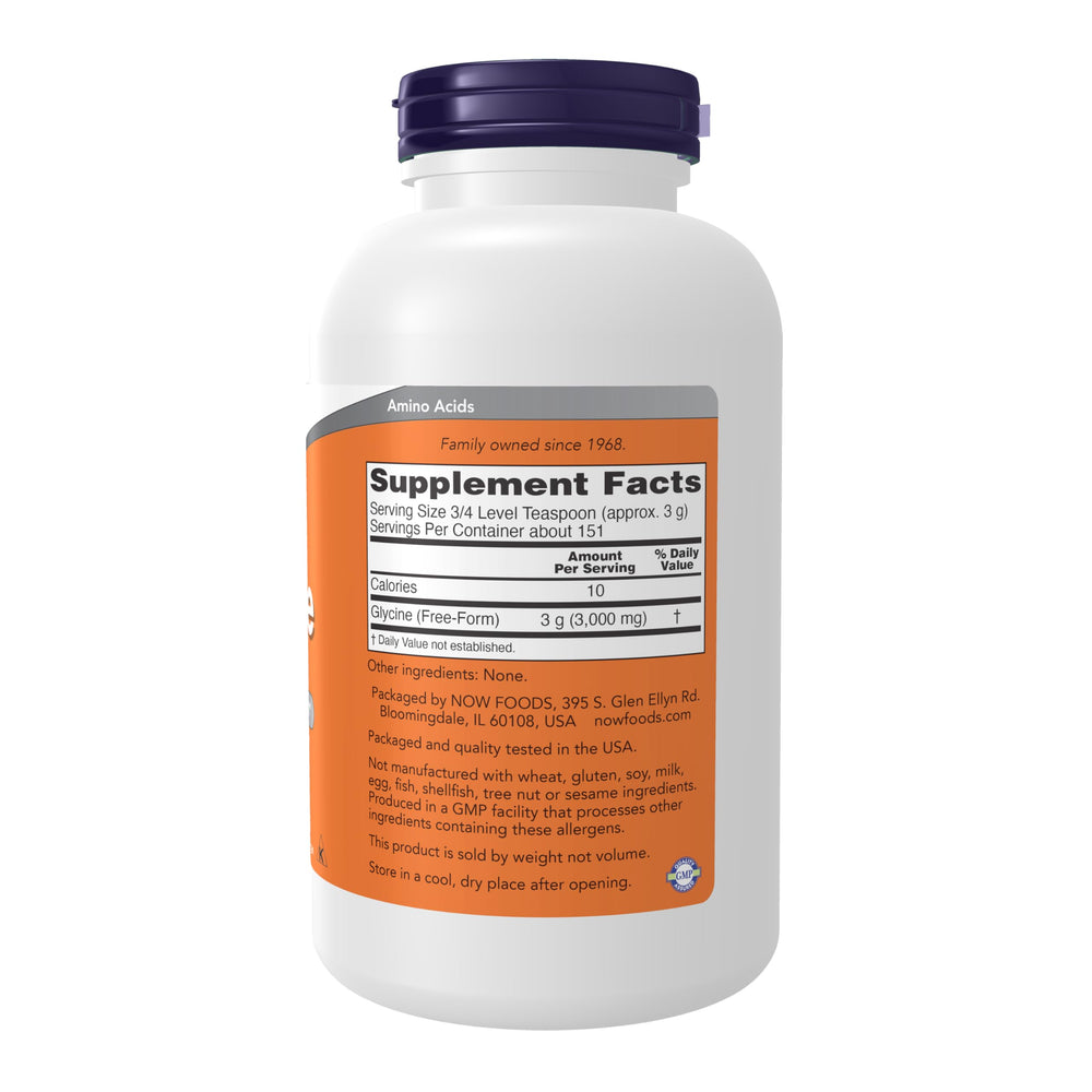 NOW Foods Glycine Pure Powder label close-up
