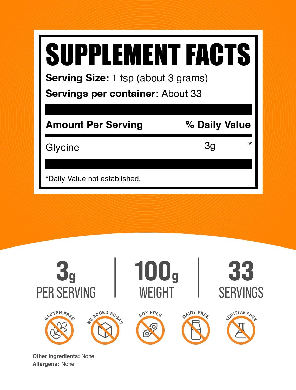 Glycine powder unflavored packaging 100g