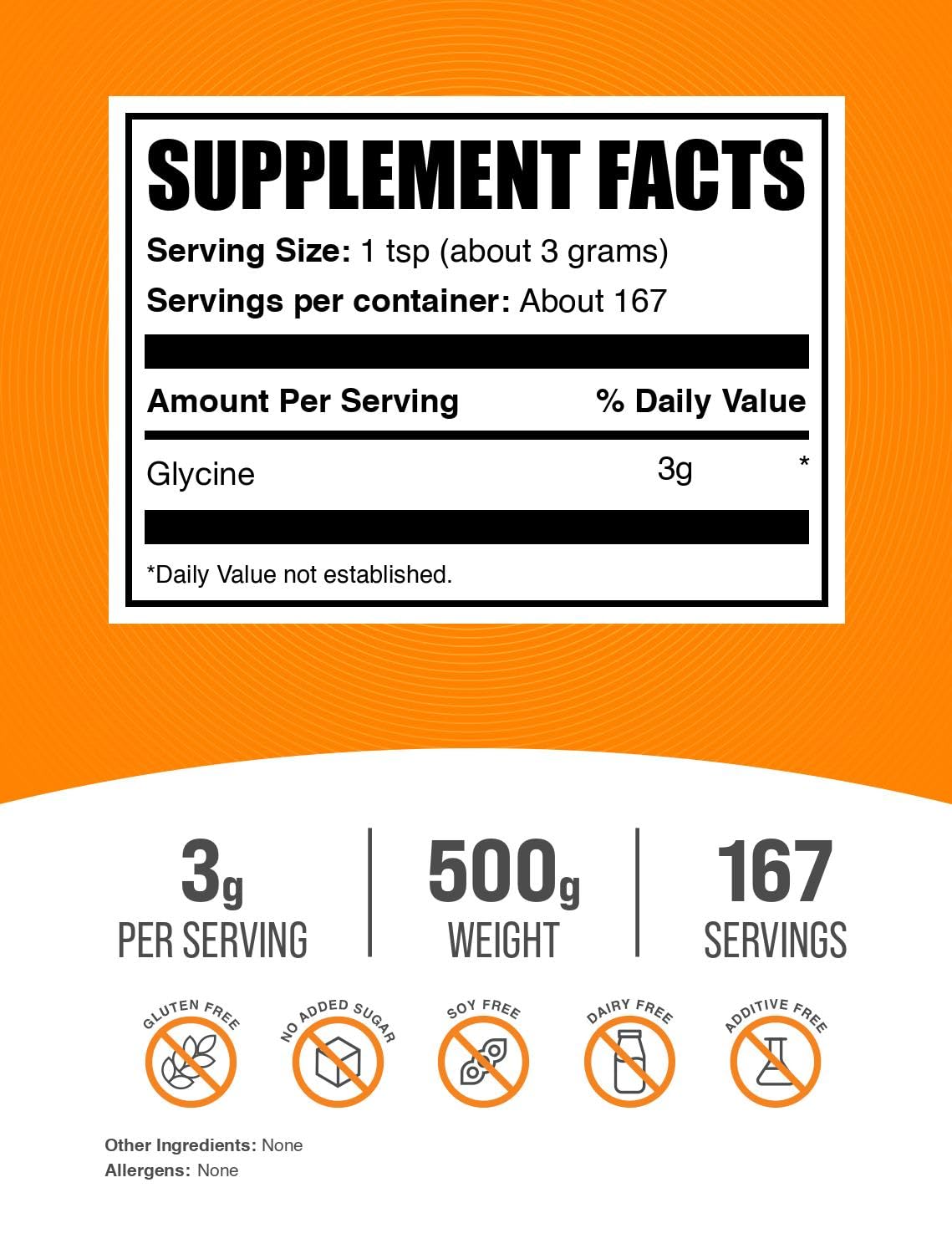Unflavored glycine powder label showing gluten-free