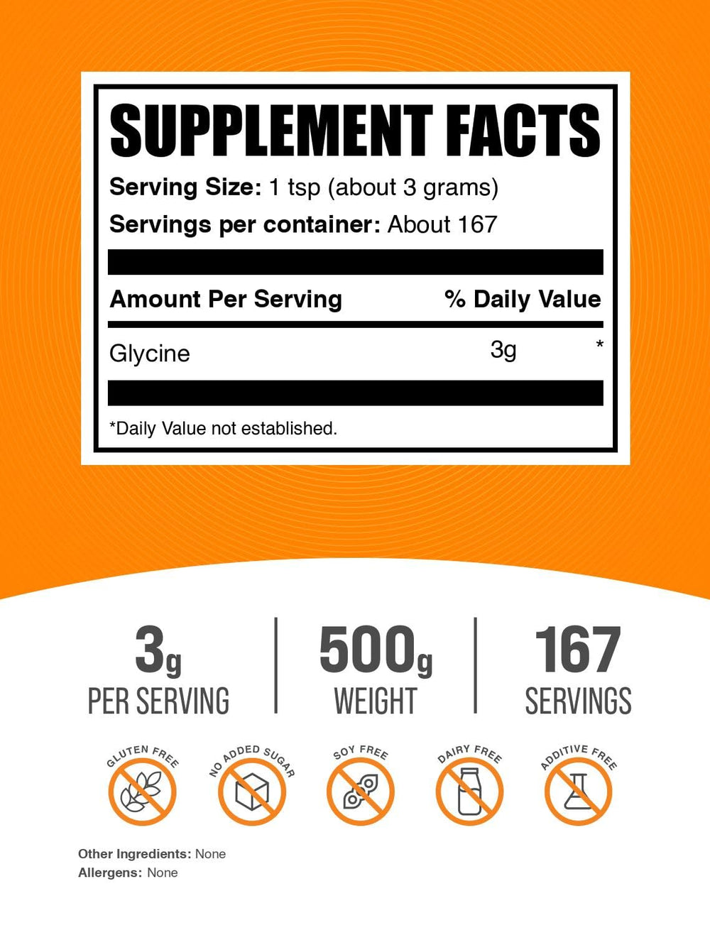 Unflavored glycine powder label showing gluten-free