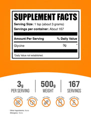 Unflavored glycine powder label showing gluten-free