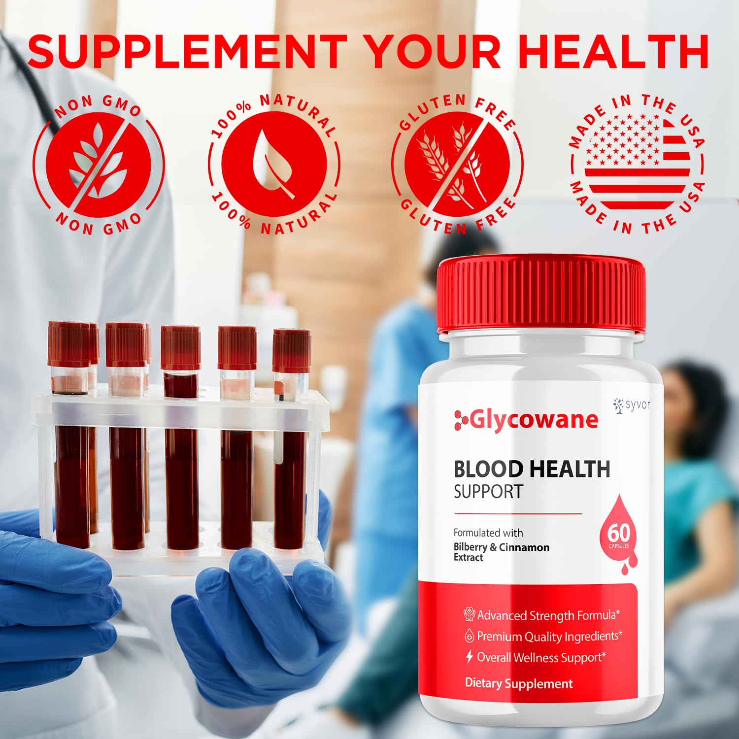 Illustration showing 30 servings per bottle for Glycowane Capsules