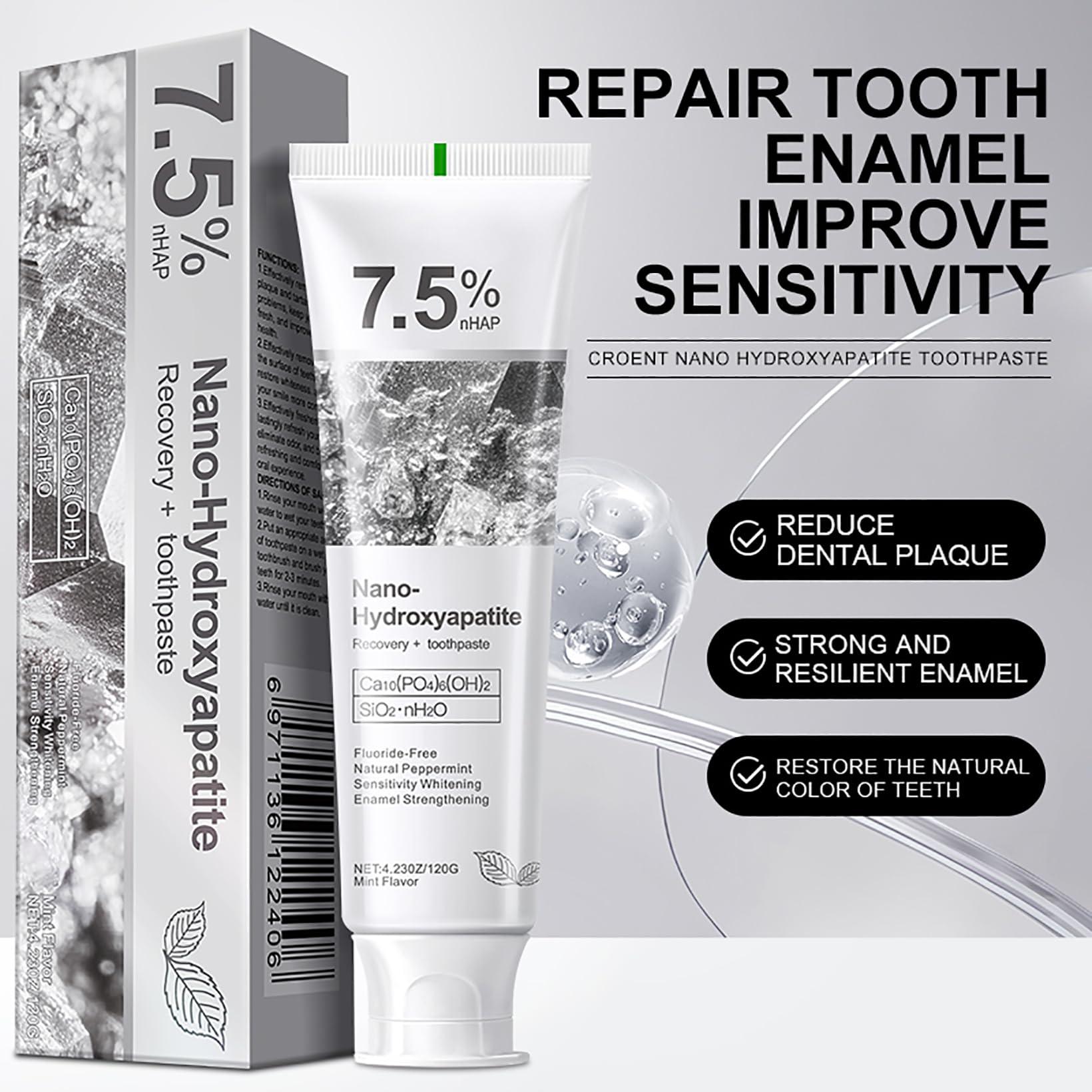 Close-up of 7.5% hydroxyapatite toothpaste texture
