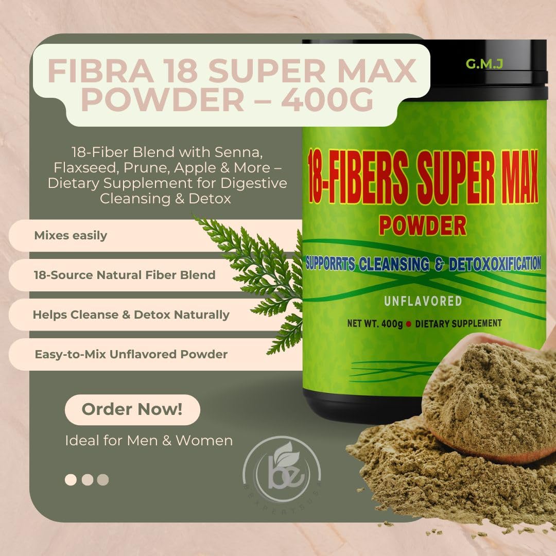Front view of G.M.J FIBRA 18 Super MAX Powder 400g bottle