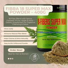 Front view of G.M.J FIBRA 18 Super MAX Powder 400g bottle