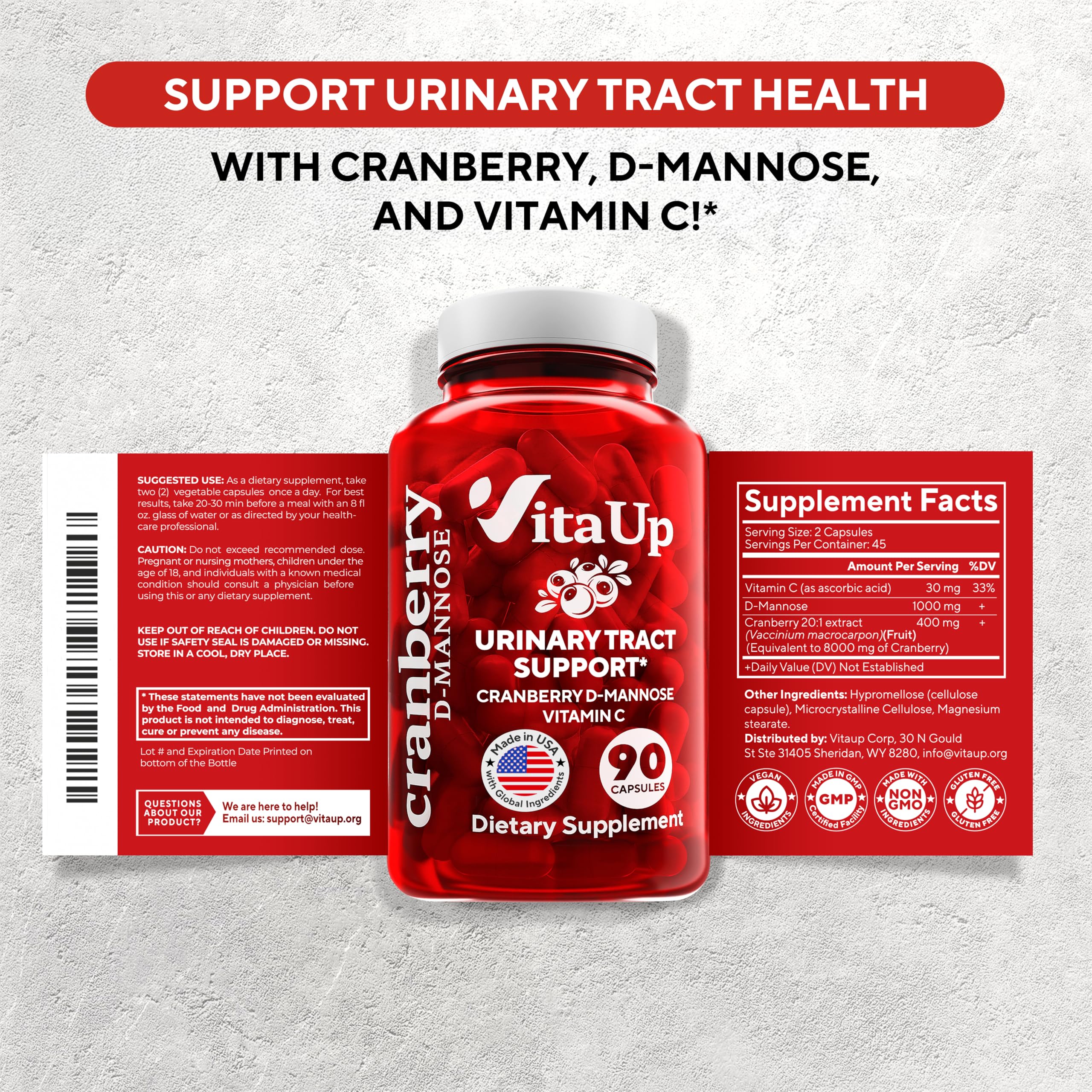 GMP-certified FDA-registered facility label for VitaUp cranberry D-Mannose