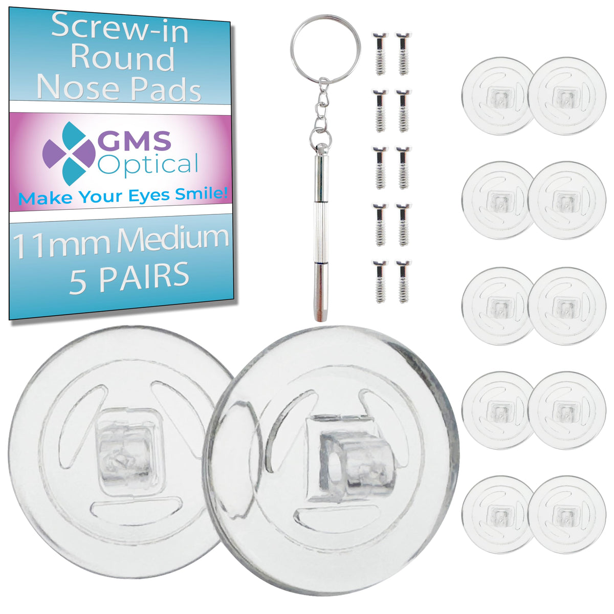 GMS Optical 11mm round screw-in silicone nose pads – close-up front view