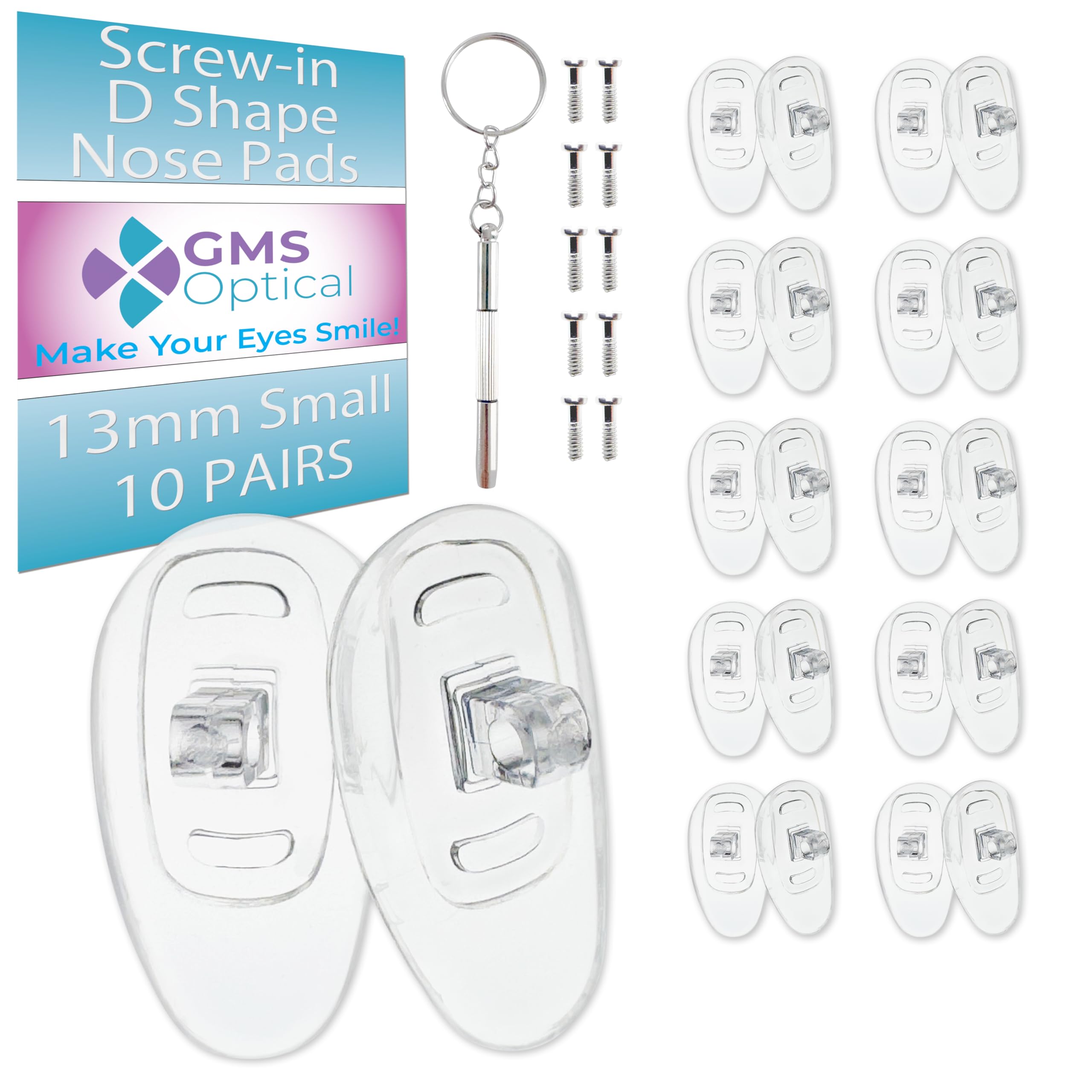 GMS Optical eyeglass repair kit components including screws and driver