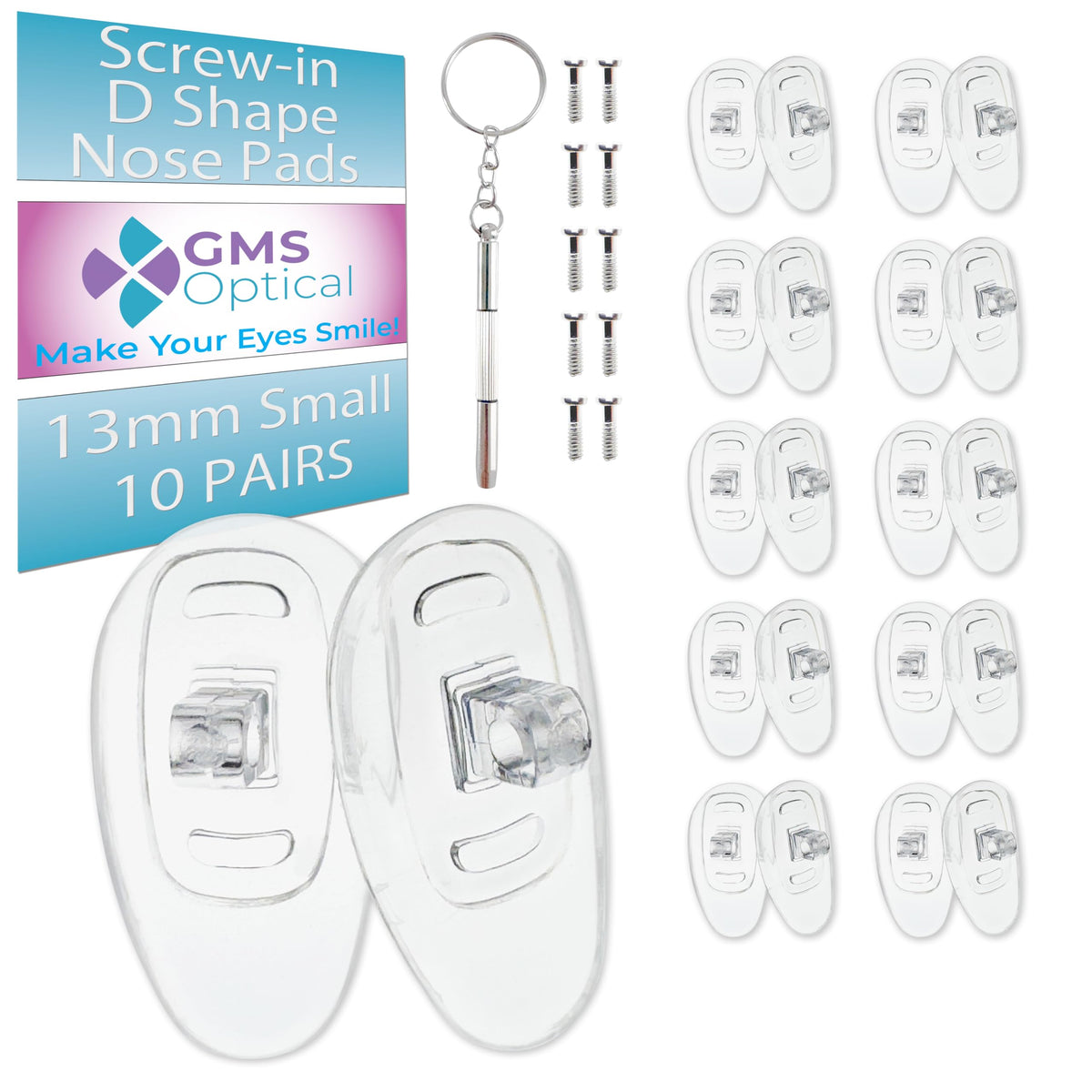 GMS Optical eyeglass repair kit components including screws and driver
