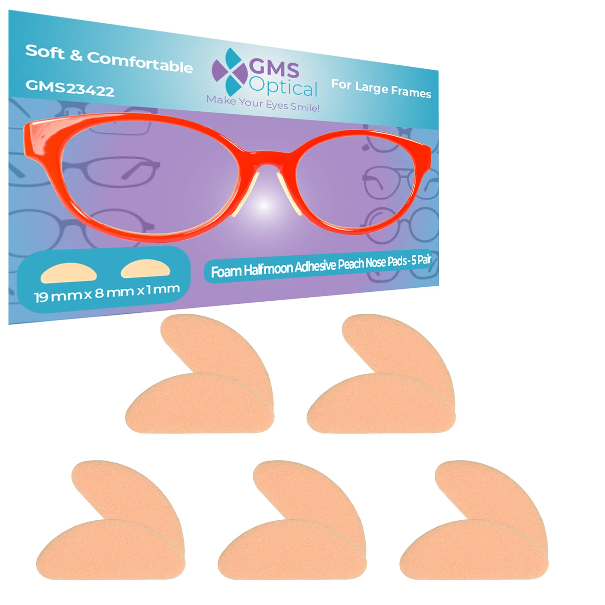 Close-up of GMS Optical peach halfmoon nose pads 19x8x1mm