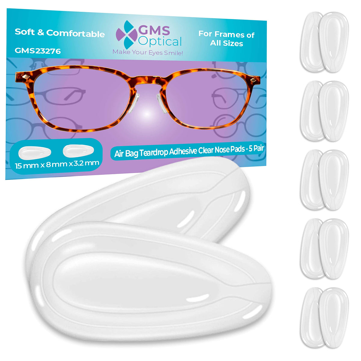 Clear silicone nose pad close-up showing 3.2mm x 15mm dimensions with air-pillows