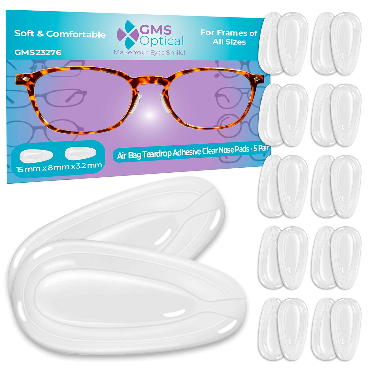 Clear 3.2mm x 15mm silicone nose pad with air-filled pockets for glasses