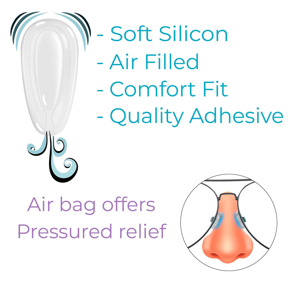 Adhesive-backed clear silicone nose pad attached to glasses