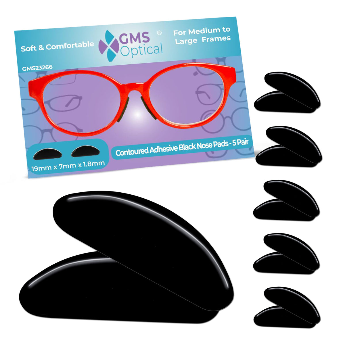 GMS Optical anti-slip silicone nose pads in black (1.8mm x 18mm), 5-pack