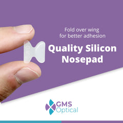 Close-up of clear nose pads showing adhesive backing and butterfly contour