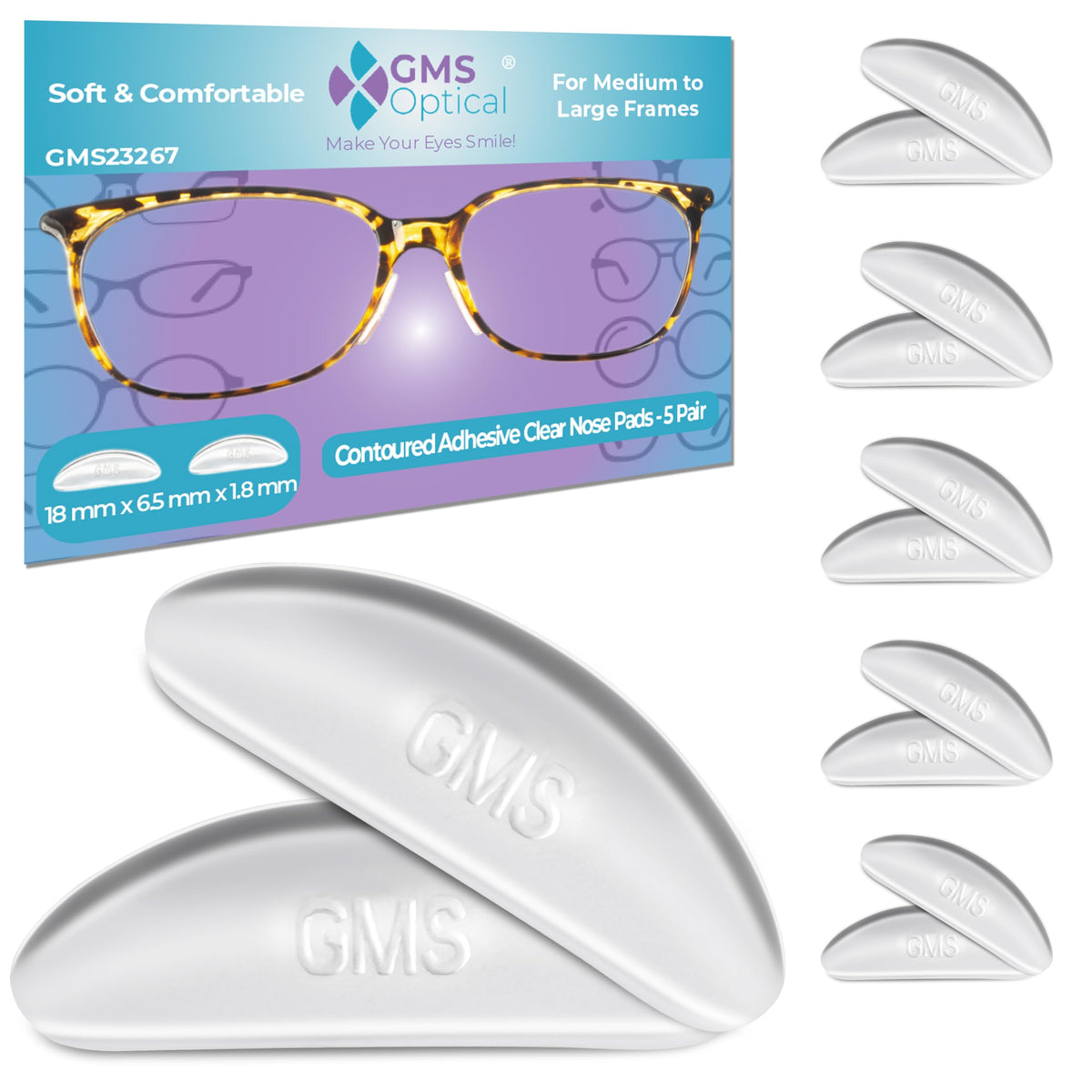 GMS Optical nose pads 1.8mm reg-thin, 18mm long, clear, for glasses (5 pairs)