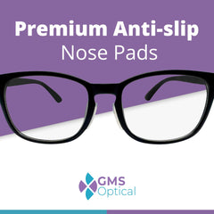 Glasses with anti-slip clear nose pads installed