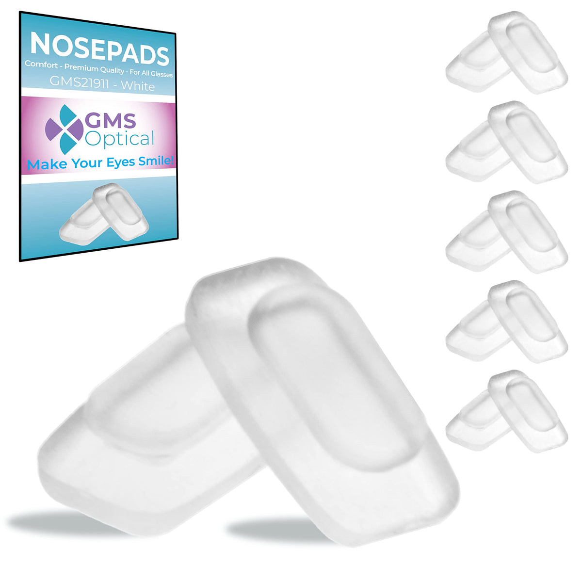 GMS Optical 11mm rectangle silicone nose pads – white, front view