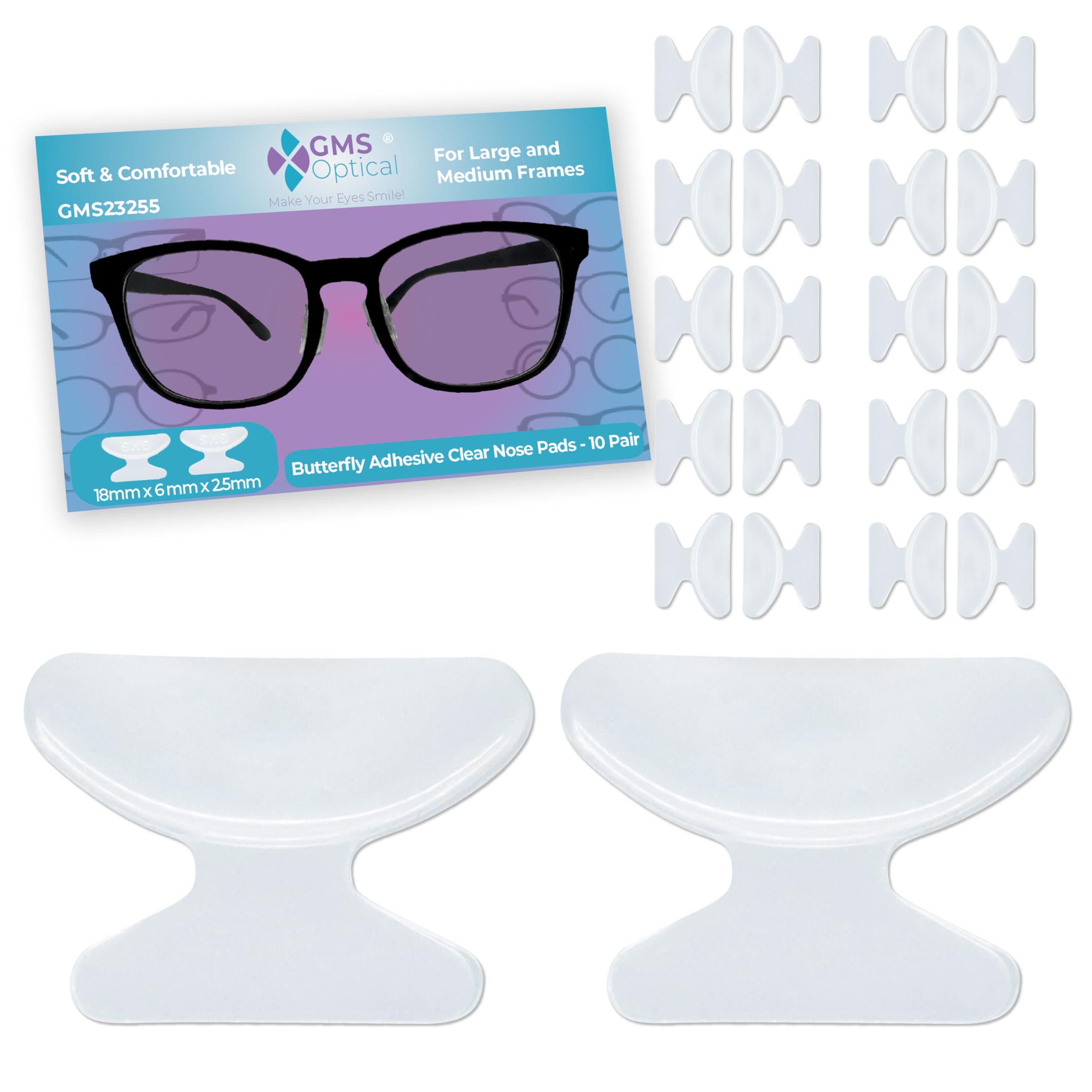 GMS Optical butterfly nose pads - 2.5mm thick, 18mm long, clear, adhesive backing