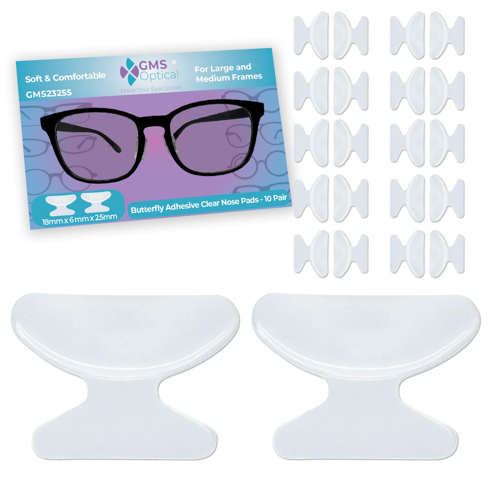 GMS Optical butterfly nose pads - 2.5mm thick, 18mm long, clear, adhesive backing