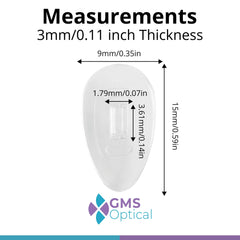 Nose pads attached to eyeglass frame showing 15mm size