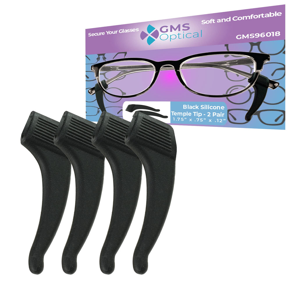 GMS Optical Temple Tips silicone anti-slip eyeglass holder attached to glasses arm