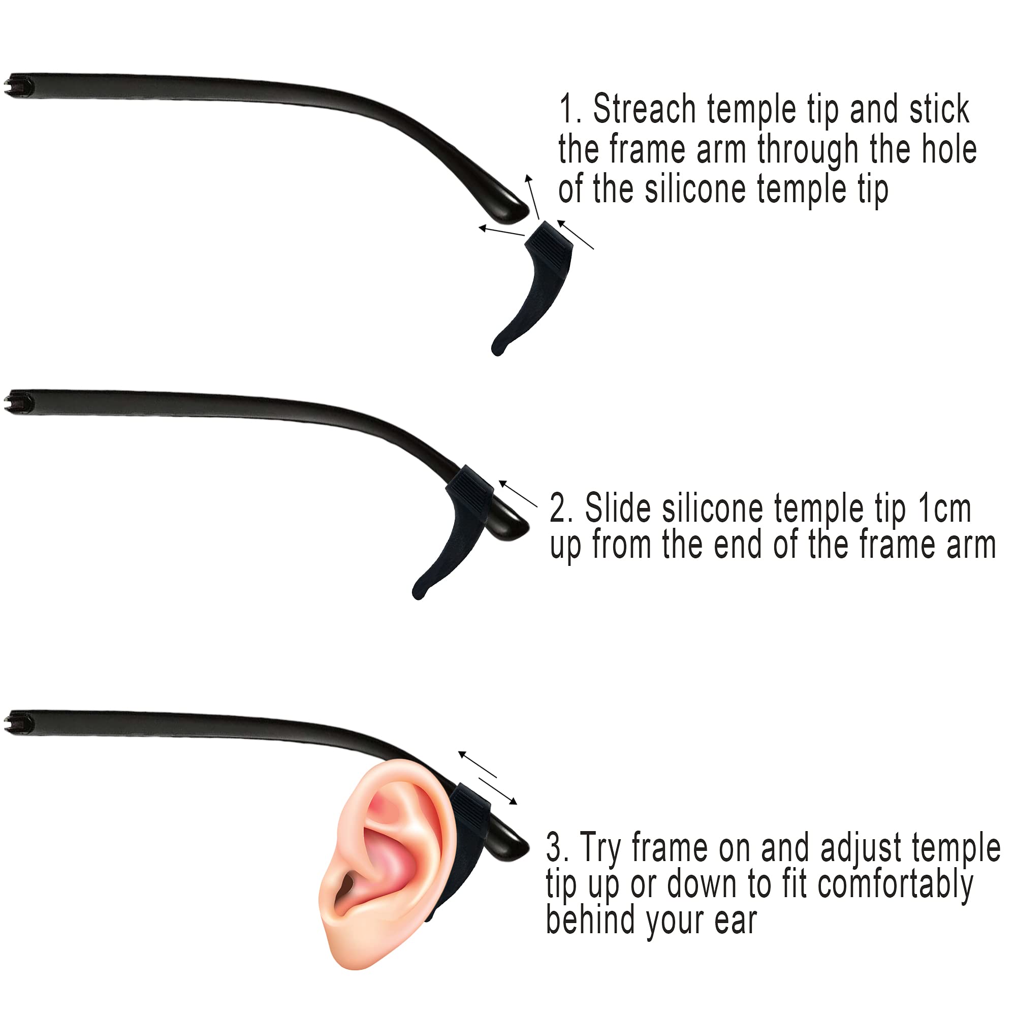 Close-up of the soft silicone hook design for temple tips