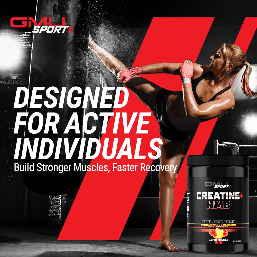 Flavor label and ingredients area for GMU SPORT Creatine 2.0 Strawberry Lemonade
