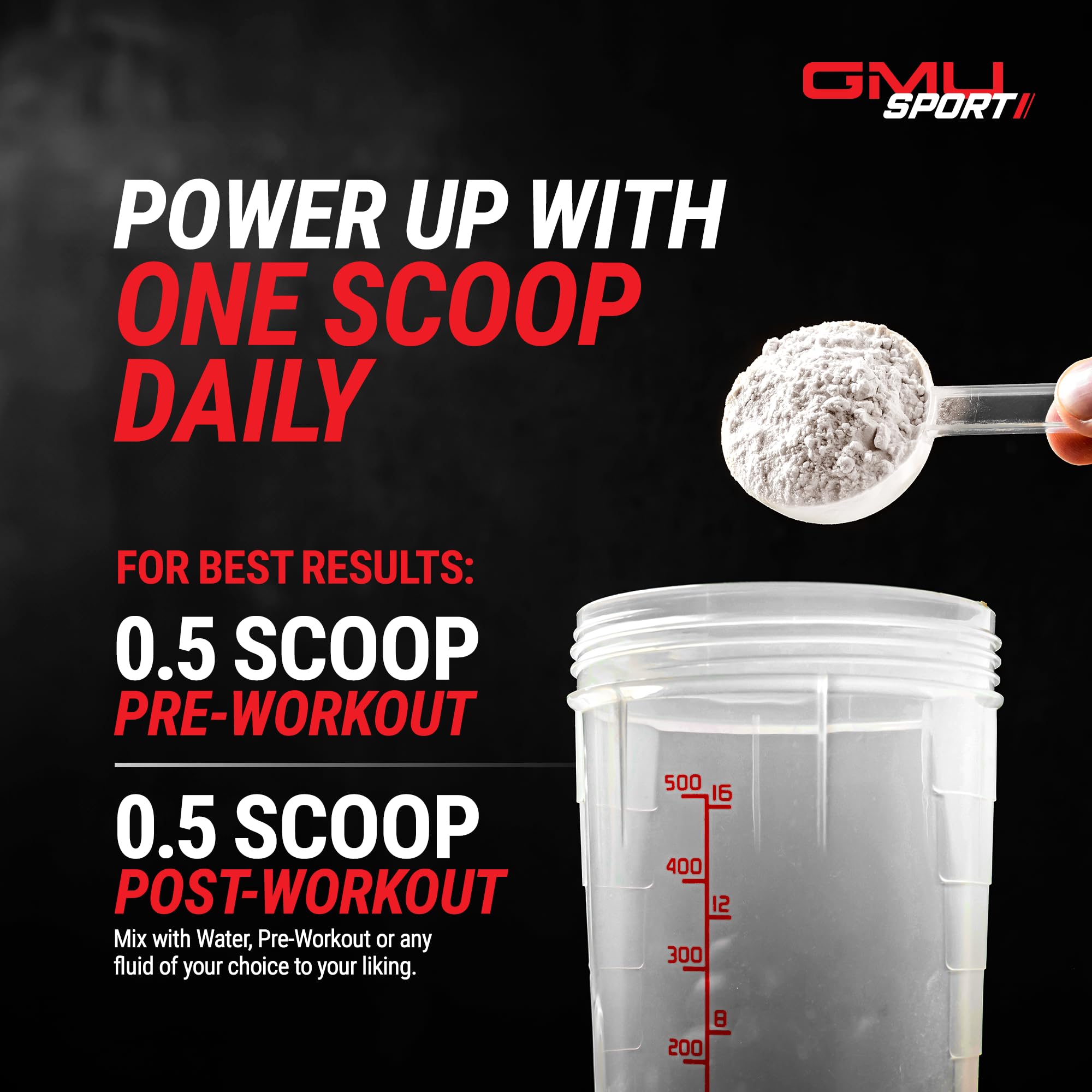 Serving scoop of GMU SPORT Creatine 2.0 powder being poured