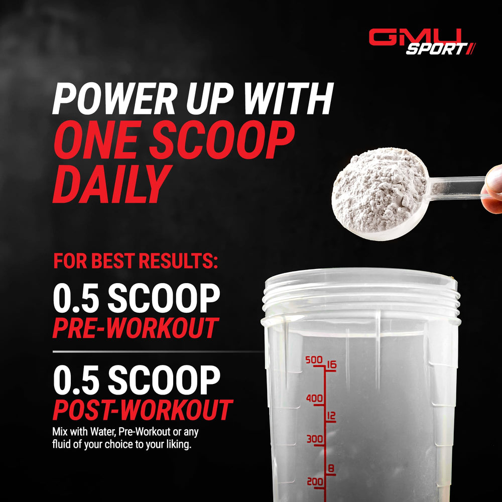 Serving scoop of GMU SPORT Creatine 2.0 powder being poured