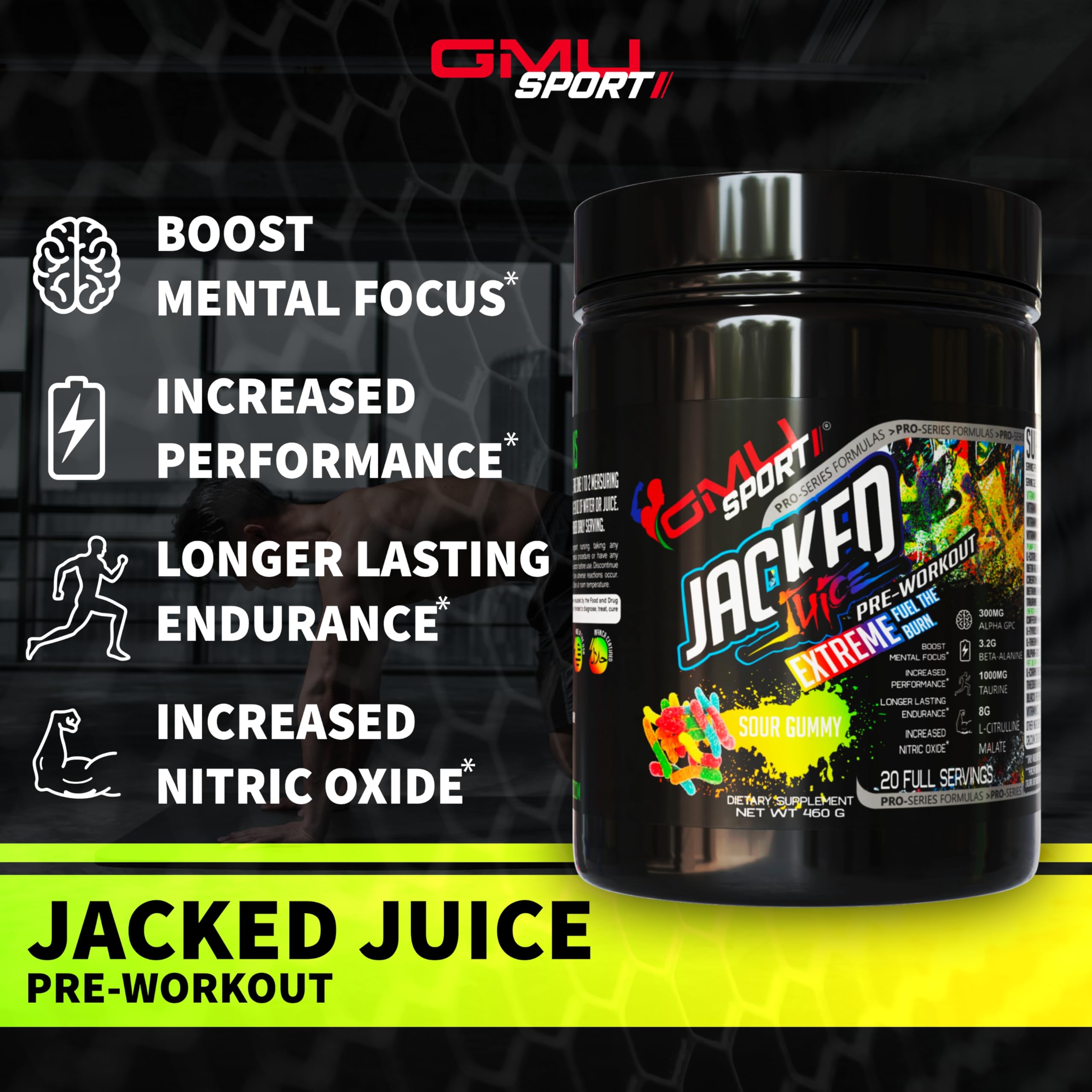GMU SPORT Jacked Juice 40-serving tub on shelf suggests gym-ready pre-workout.